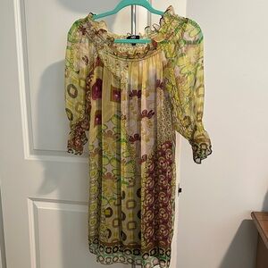 ABS by Allen Schwartz Floral Geometric Sheer Dress in Lime & Olive w/Slip Sz M